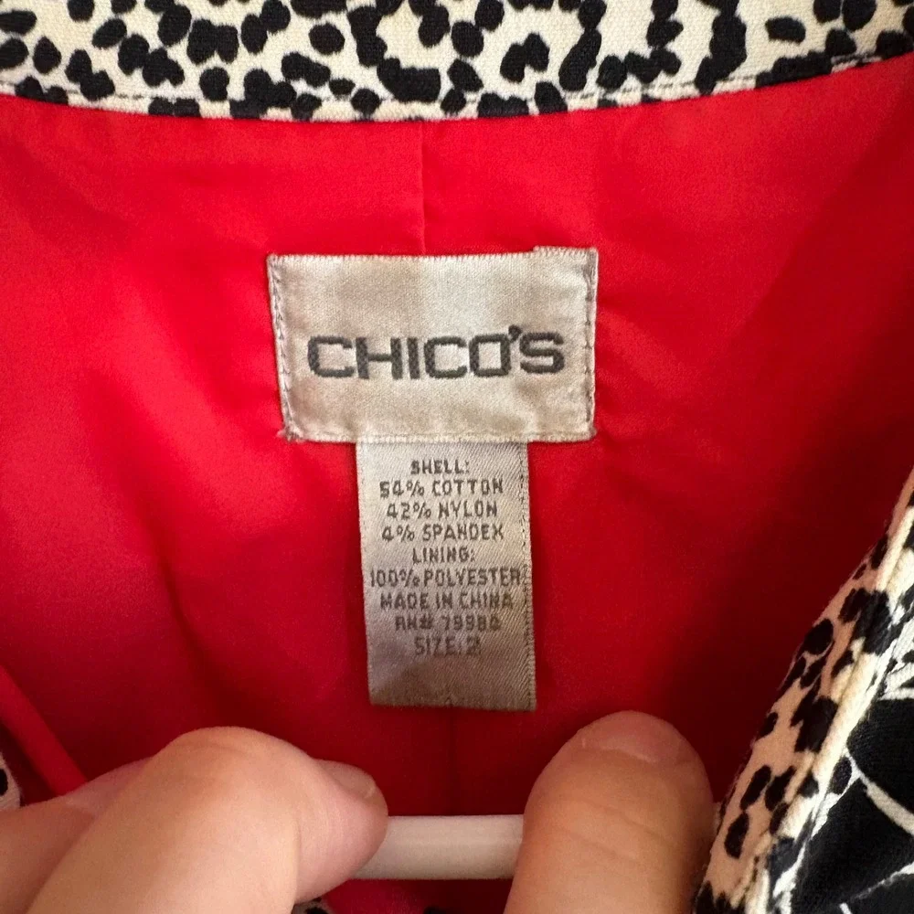 Chico's Jacket Black White Floral Red Trim Mandarin Collar Women's‎ Size 2